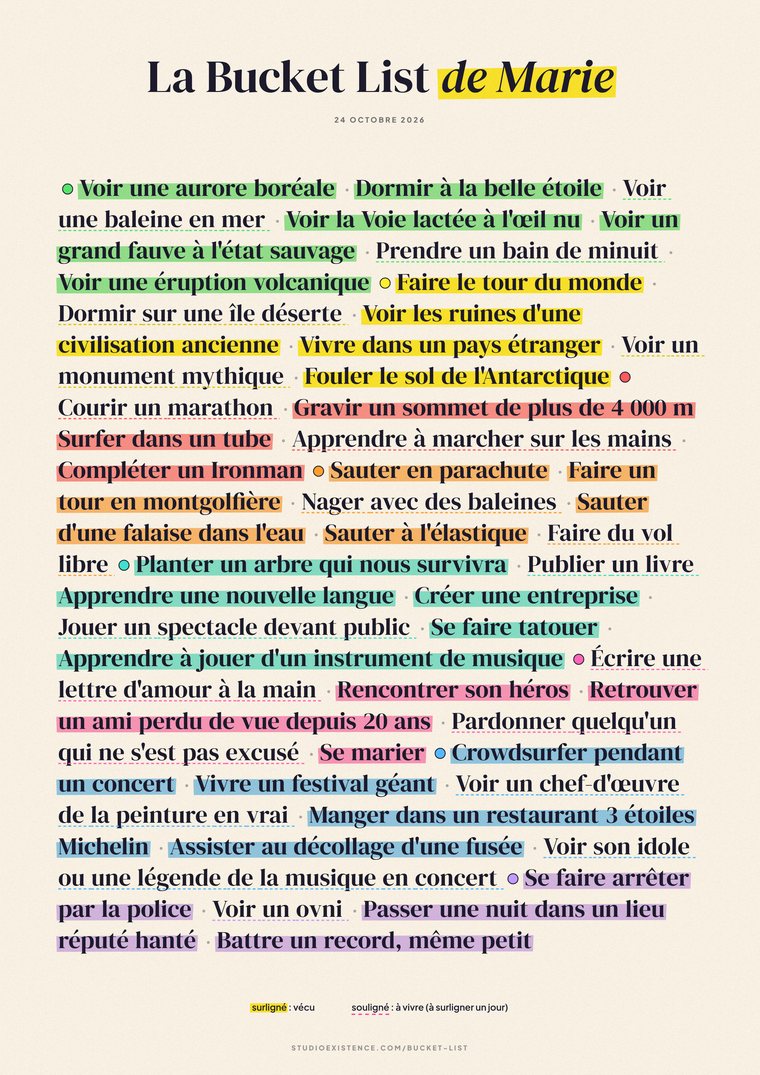 Exemple d'affiche Bucket List, style Manifeste : la liste en un grand texte, vécus surlignés, rêves soulignés